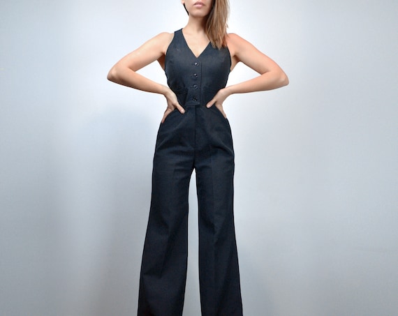 70s Black Jumpsuit, Womens Vintage V Neck Button … - image 1