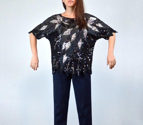1980s Black and Silver Sequin Top, M | Vintage 80… - image 4