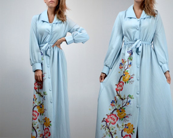 1970s Long Sleeve Floral Maxi Dress, Vintage Blue