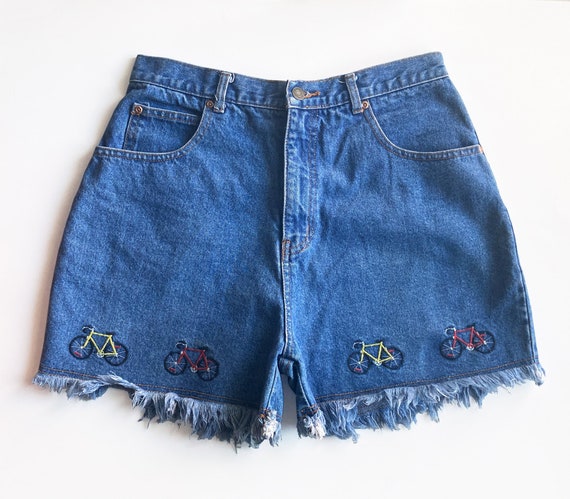 Vintage Y2K Jean Shorts M Bicycle Embroidered Cotton Cutoffs Etsy