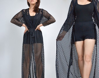 Sheer Black Robe, S to M |  Long Vintage Lace Lingerie, Bridal Wedding Robe with Pockets