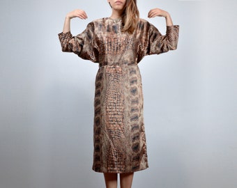 80s Snakeskin Dress, M to L | Vintage Batwing Sleeve Bronze Snake Reptile Print