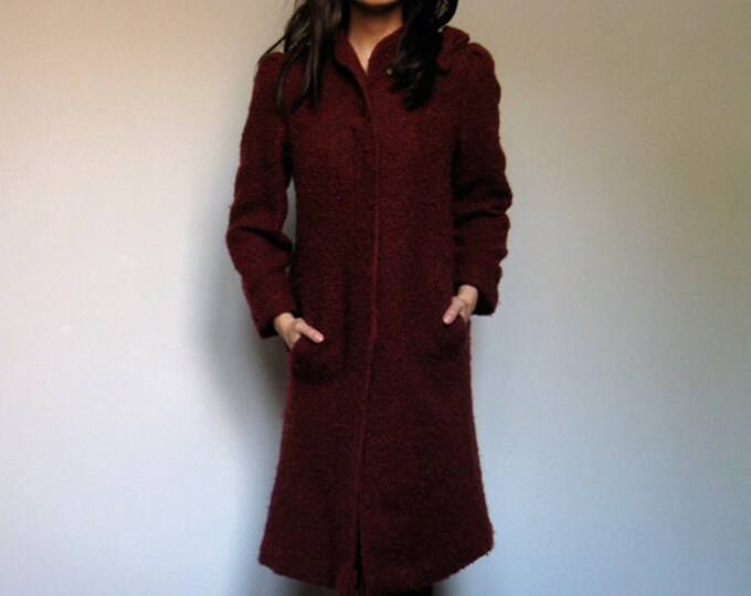 Womens Winter Coat Burgundy Wool Warm Textured Boucle Bow Etsy