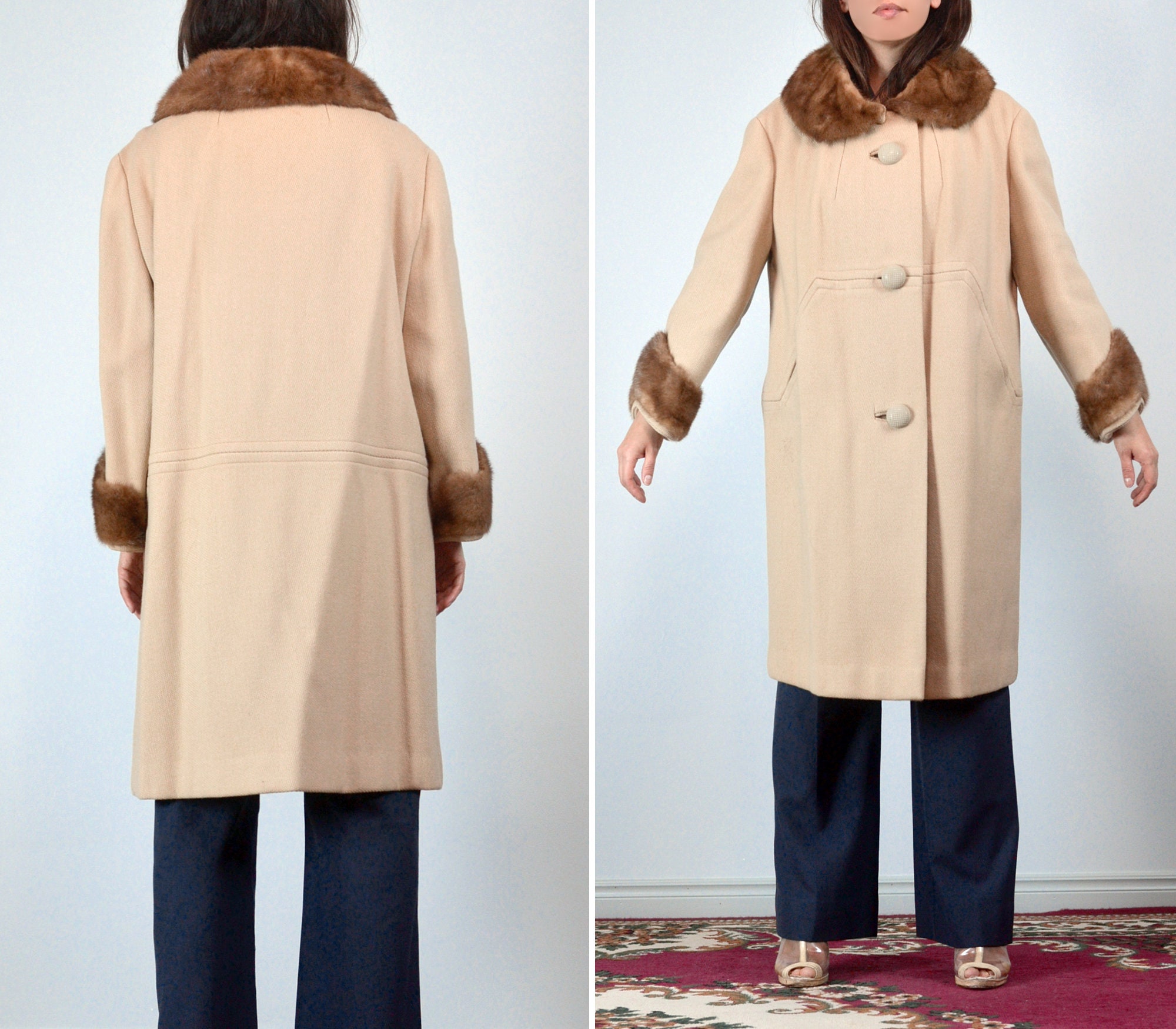 1960s Winter Coat, M to L | Vintage 60s Beige Fur Collar
