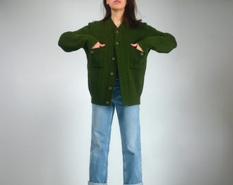 80s Men's Wool Cardigan, S | Dark Green Thick Knit Sweater
