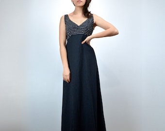 Vintage 70s Metallic Silver Striped Maxi Dress, Small