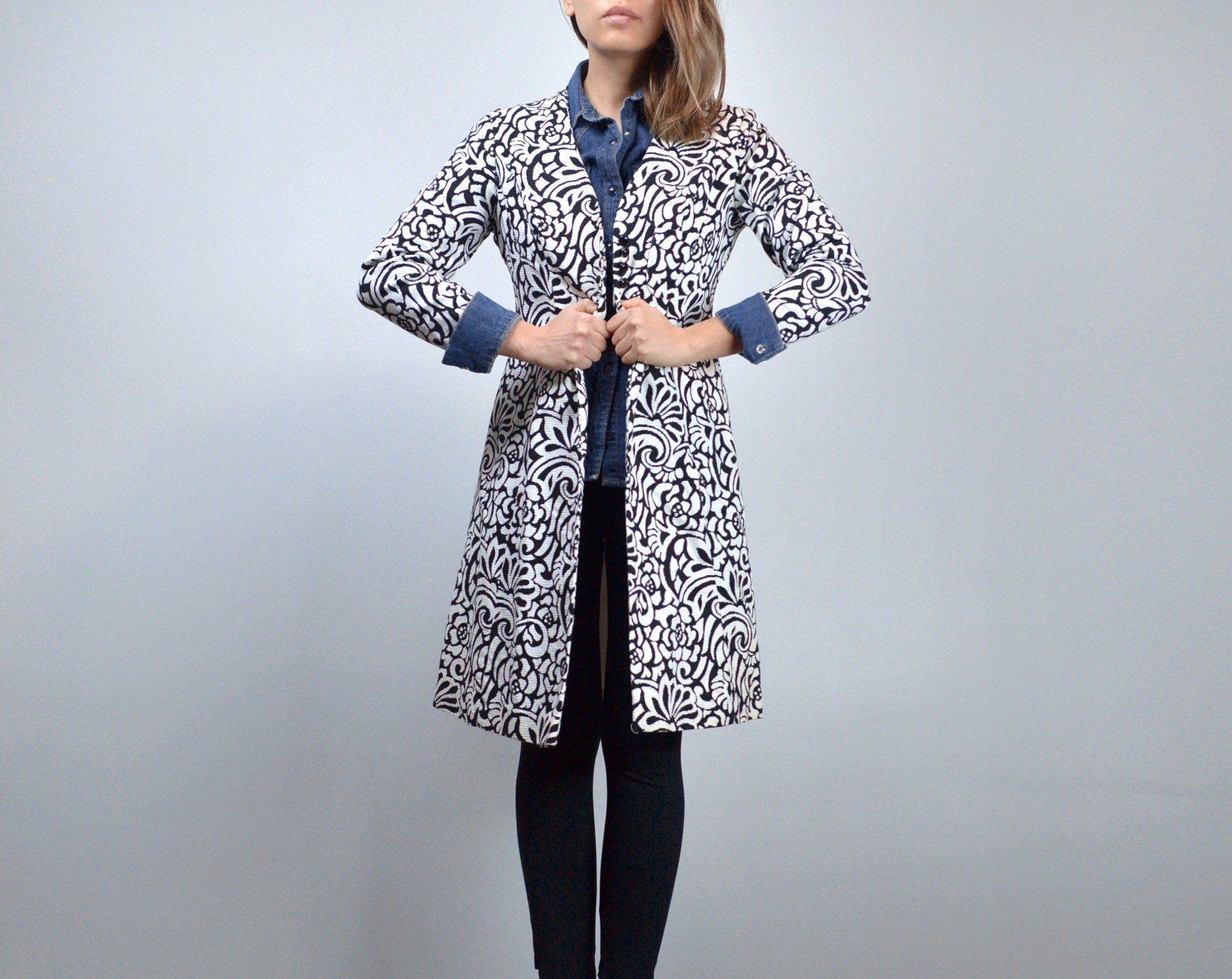 Black White Coat, Minimalist Vintage Floral Jacket Women - Medium to Large M L