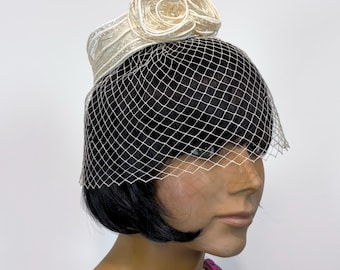 1950s Birdcage Veil Hat, Vintage Ivory Whimsey Fascinator