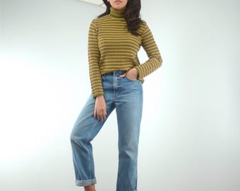 1990s Olive Turtleneck, M | Vintage Y2K Green Striped Long Sleeve Turtle Neck