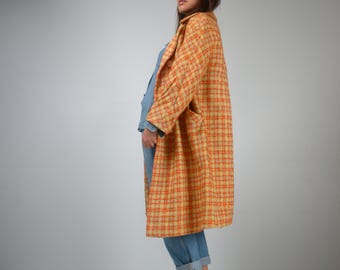 70s Orange Yellow & Beige Plaid Coat, L