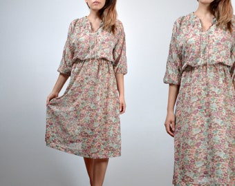 Sheer 70s Boho Dress - Extra Small | Vintage Womens Floral Sundress, XS S