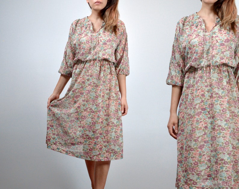 Sheer 70s Boho Dress Extra Small Vintage Womens Floral Sundress, XS S image 1