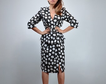 Vintage 80s Black and White Floral Dress with Peplum, XS to S