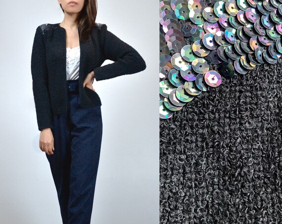70s Sequin Cardigan, XS to S | Vintage 1970s Black Wool Blend