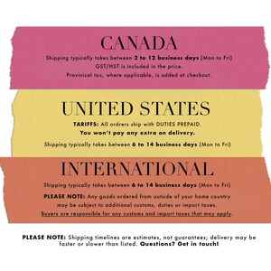 May include: A graphic with text on three colorful, torn paper strips. The top strip is pink and says "CANADA". The middle strip is yellow and says "UNITED STATES". The bottom strip is orange and says "INTERNATIONAL".