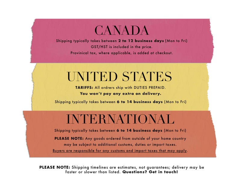 May include: A graphic with text on three colorful, torn paper strips. The top strip is pink and says "CANADA". The middle strip is yellow and says "UNITED STATES". The bottom strip is orange and says "INTERNATIONAL".