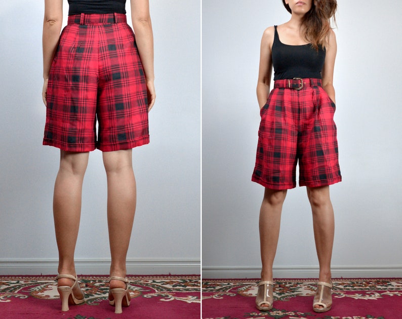 High Waisted Shorts, Vintage 80s Long Plaid Shorts for Women Extra Small XS image 4