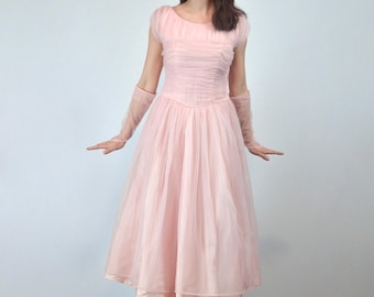 50s Pink Party Dress, XS | Chiffon Fit & Flare 1950s Dress with Matching Sleeves