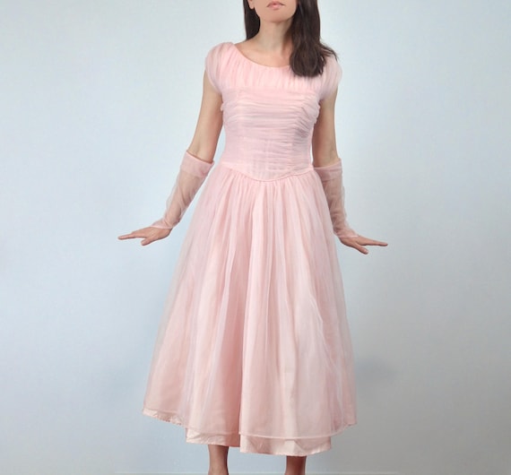 50s Pink Party Dress, XS | Chiffon Fit & Flare 1950s Dress with Matching Sleeves