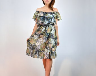 70s Sheer Floral Dress with Ruffles - XS/S