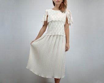 70s Ivory Lace Dress, Vintage Pleated Skirt, Large L