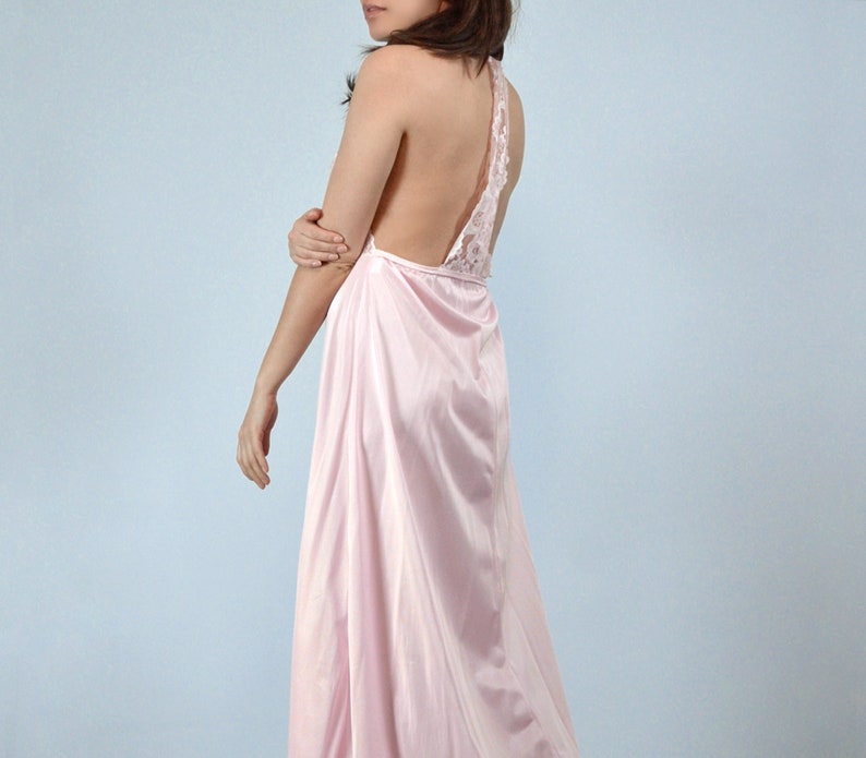 Pink Nightgown Dress Medium Vintage 80s Long Lace Lingerie, M image 1