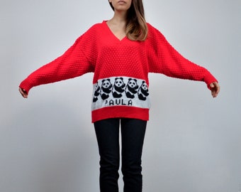 Suéter vintage de panda, talla M a L / Jersey rojo tejido a mano de los años 80