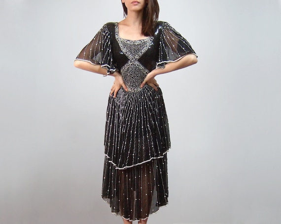 80s Sequin Dress Vintage Flutter Sleeve 