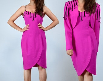 90s wiggle dress 80s 90s Two Piece Hot Pink Jewelled Wiggle Dress with Matching Jacket, XS