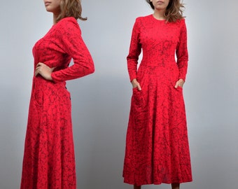 Red Dress with Pockets, Women Vintage 80s Midi Dress - Extra Small to Small XS S