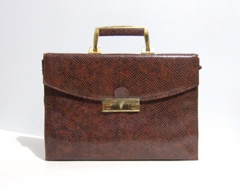 Vintage Briefcase Purse, Faux Leather Brown Gold 80s Handbag, Top Handle Shoulder Bag