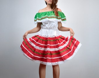 Día de los Muertos Costume, Womens Red Green White Festival, Day of the Dead, Halloween, Mexican Party Dress - Extra Small XXS XS