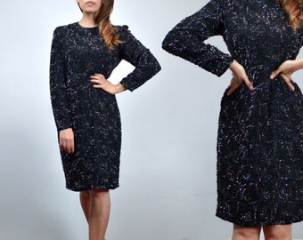 Long Sleeve Sequin Dress, Vintage 80s Cocktail Party Dress - Small to Medium S M