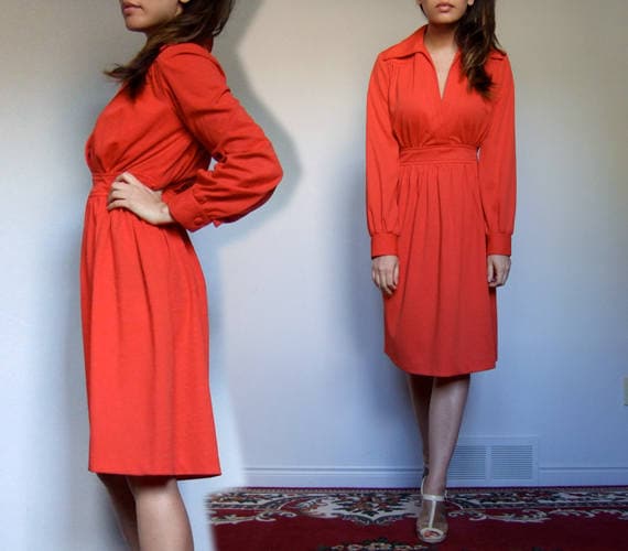 Vintage Red Dress, Womens Long Sleeve 70s Mod Dre… - image 2