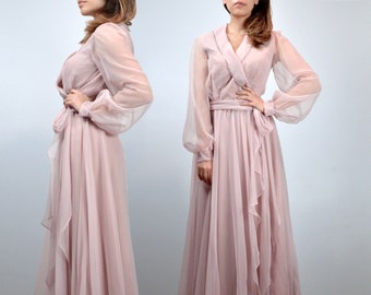 Vintage 70s Sheer Maxi Gown, Dusty Rose Beaded Long Sleeve Dress, S to M