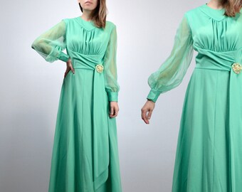 Sheer Sleeve Gown, 1970s Mint Green Maxi Dress - M/L