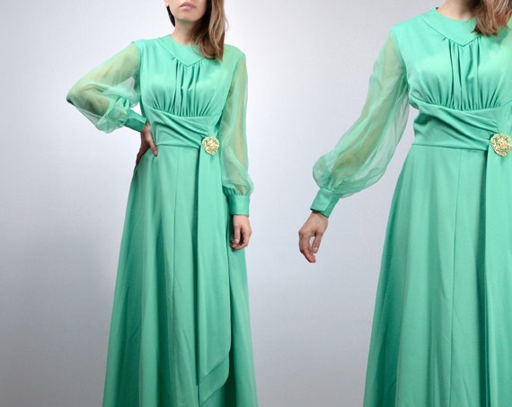 Sheer Sleeve Gown, M to L | 1970s Mint Green Maxi Dress