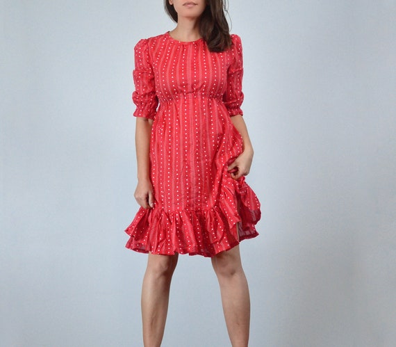 Vintage 70s Red Heart Print Dress, XS to S - image 5