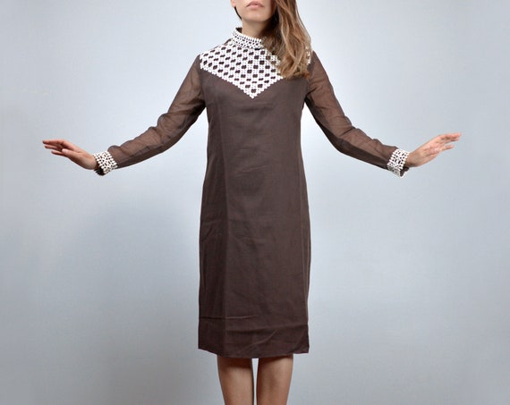 1970s Brown Embroidered Dress, S to M