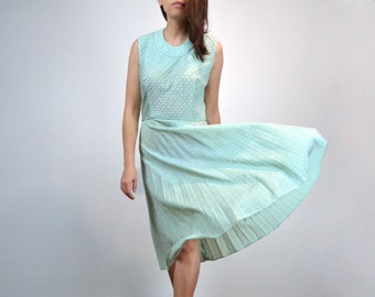 Seafoam Green Dress, M to L | Vintage 70s Sleeveless Metallic Party Dress