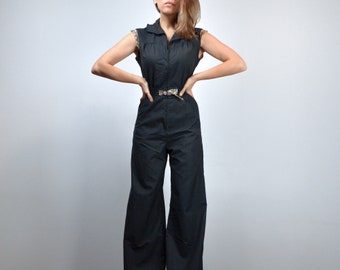 Black Jumpsuit Womens, Vintage 70s Retro One Piece Wide Leg - Small S