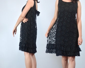 60s Lace Cocktail Dress, S to M | Vintage 1960s Black Ruffle Party Dress