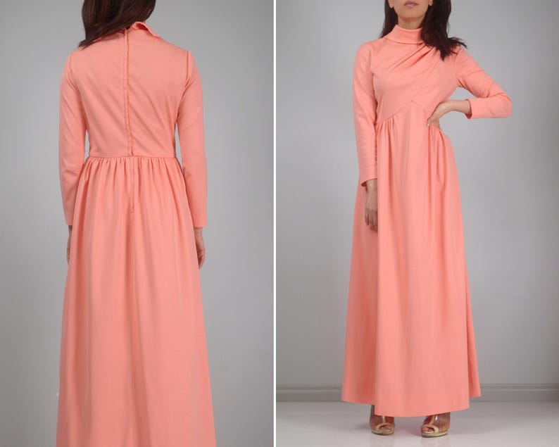 Vintage 70s Long Sleeve Dress, XS to S | Floor Length Peach Maxi Bild 4