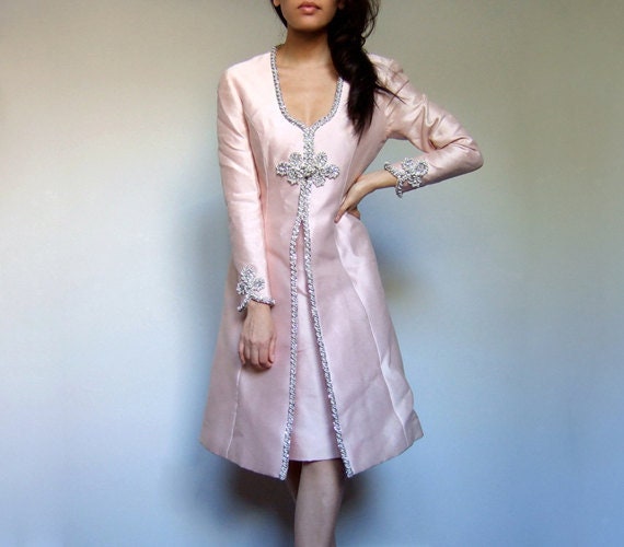 Vintage Pink Dress, Late 50s Early 60s Metallic R… - image 1