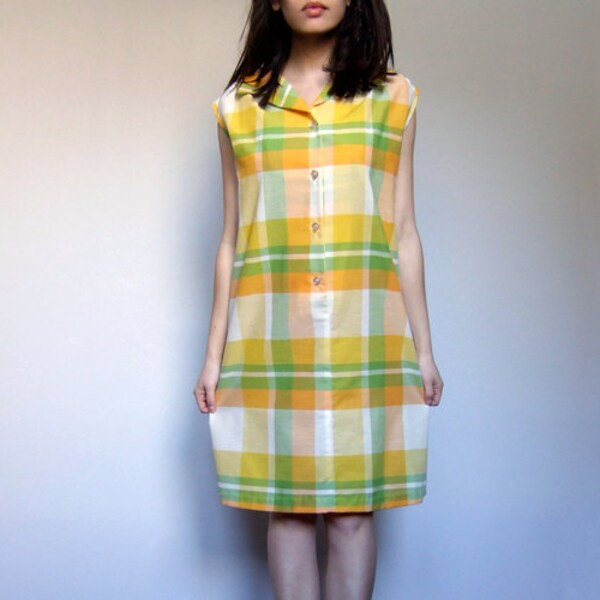 70s Yellow Plaid Dress Collared Shift Button up Cotton Sleeveless Summer House Dress - Extra Large XL