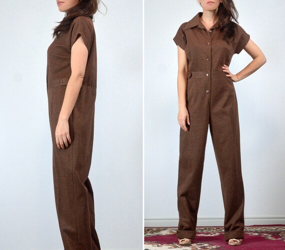 Vintage 70s Jumpsuit, M | Brown Dagger Collar Fall Winter One