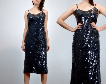 Vintage 70s Sequin Dress, Black Sequined Slip Dress - Small to Medium S/M