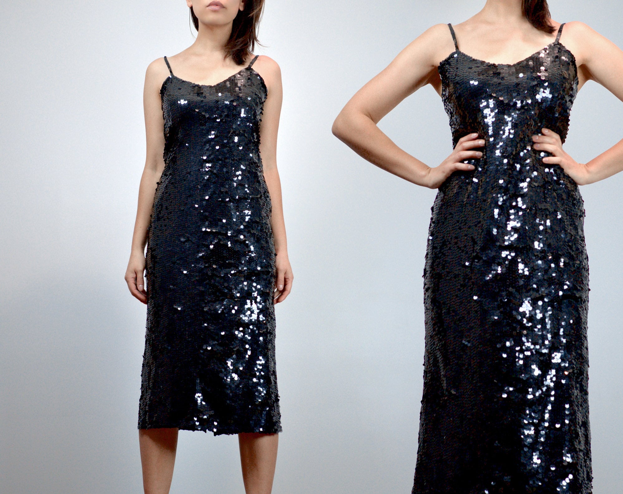 Vintage 70s Sequin Dress, Black Sequined Slip Dress - Small Vintage 70s Sequin Dress, Black Sequined Slip Dress - Small