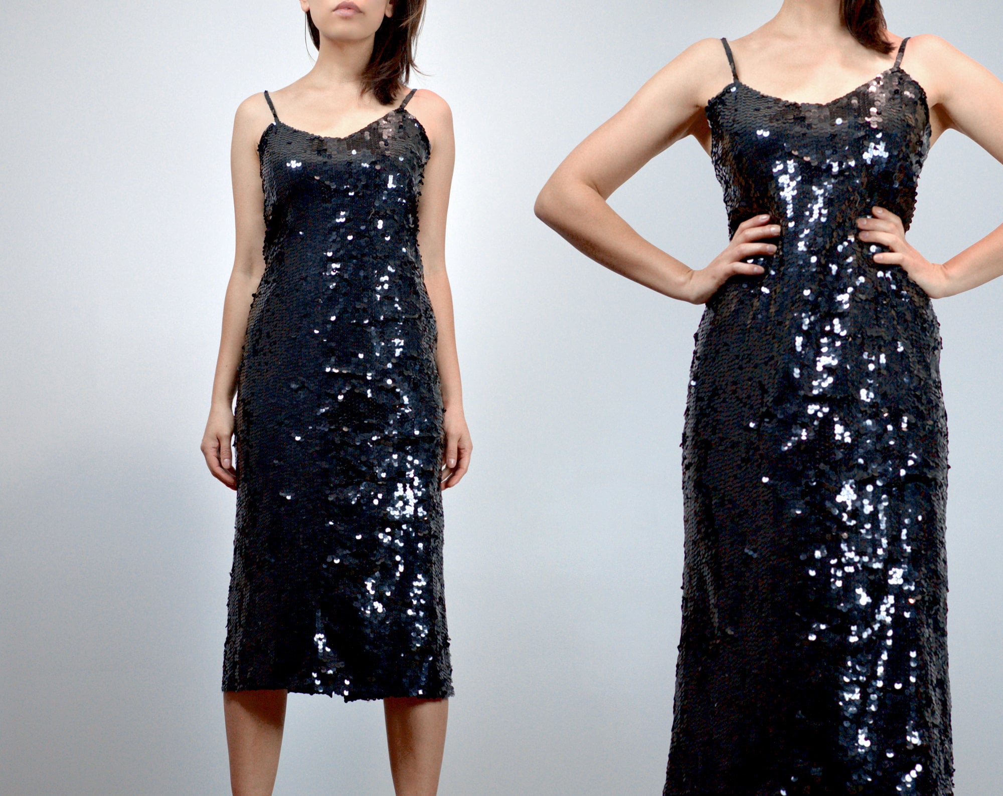 Vintage 70s Sequin Dress Black Sequined ...