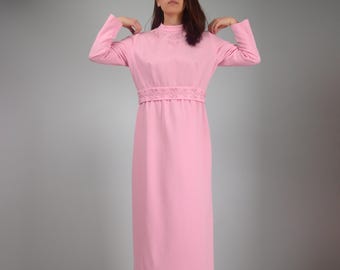 Long Sleeve Maxi Dress, Vintage 70s Pink Floor Length Dress, L to XL